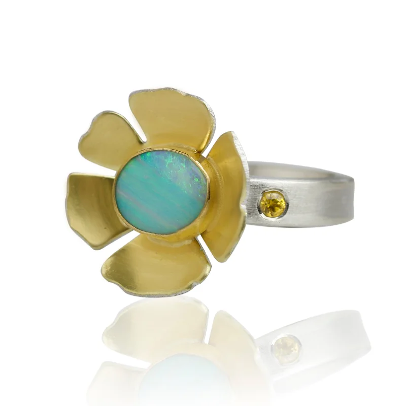 Protective eye rings-Aqua Opal Flower Ring with Yellow Sapphire. Size 6 1/2.