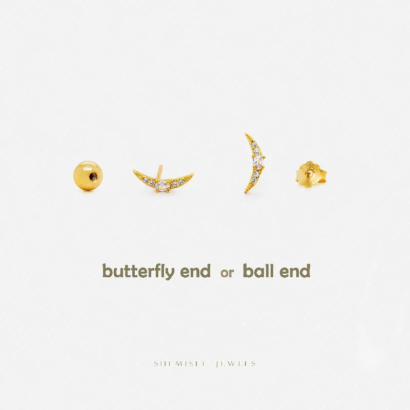 Freeform design earrings-Moon CZ Studs, Unisex, Gold, Silver SHEMISLI SS653 Butterfly End, SS654 Screw Ball End (Type A)