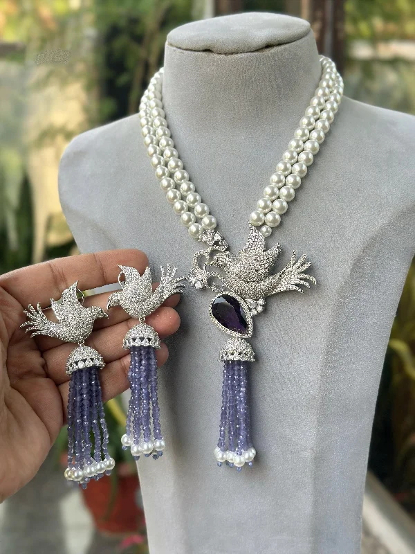 Woven bead earrings-Bird Motif Purple Gemstone Beaded Necklace Tassel Earrings Set, Indian Bird Inspired Necklace Set, Silver Purple Nature Inspired Jewlery Set, Bollywood Bird Designed Necklace Set, Celebrity Bird Jewelry Set