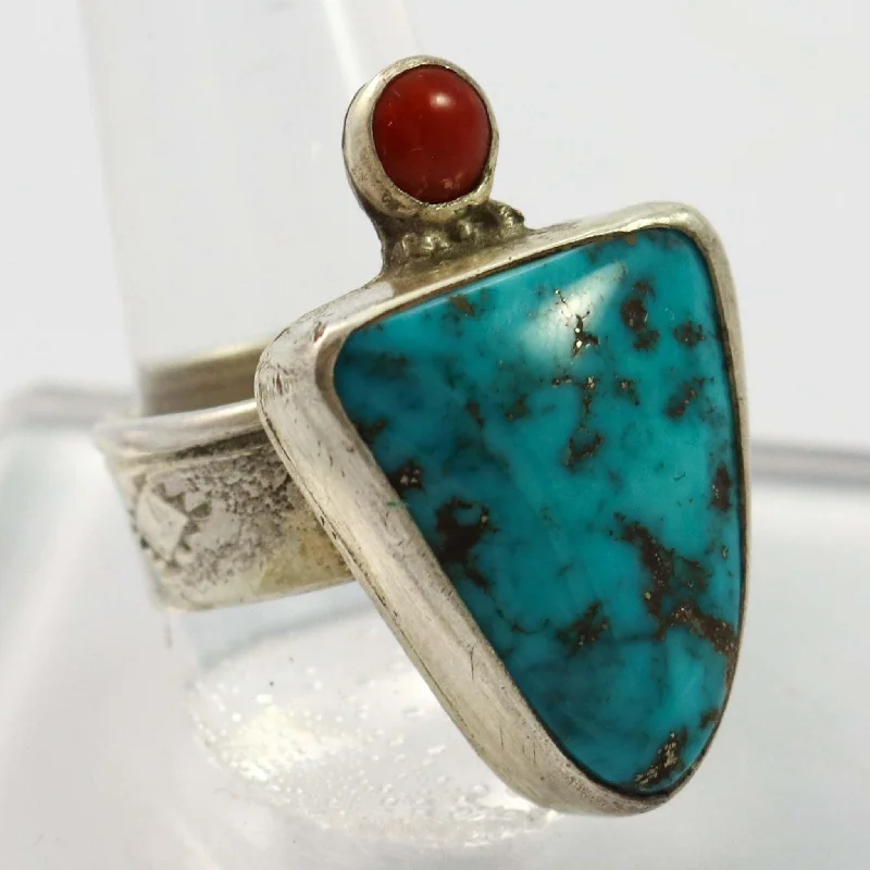 Crafted artisan rings-Kingman Turquoise and Coral Ring