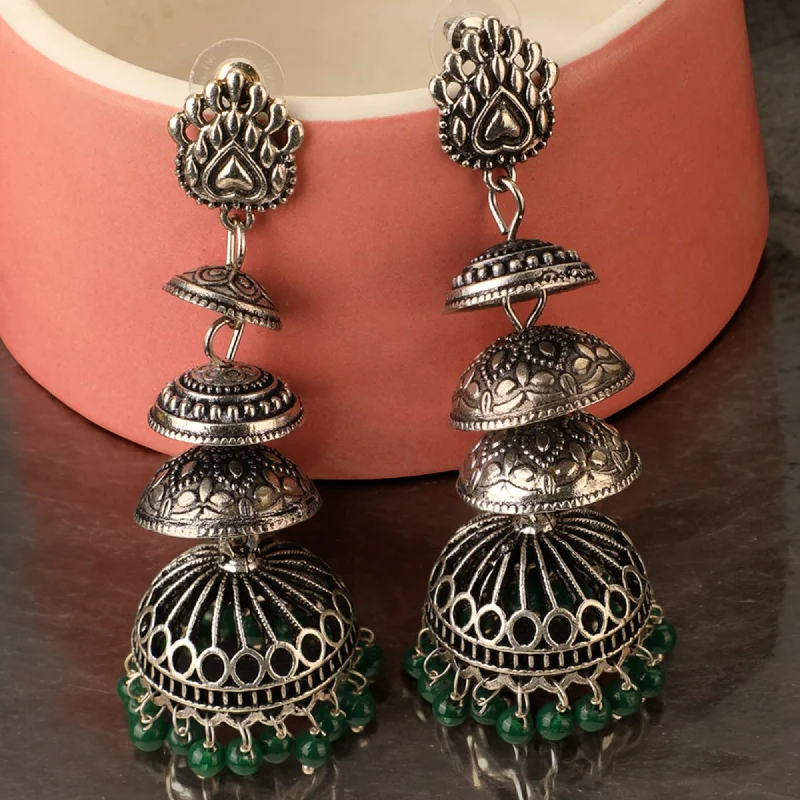 Stone-wrapped earrings-Silver Tone Oxidized Jhumka Earring Set, Traditional Indian Jewelry