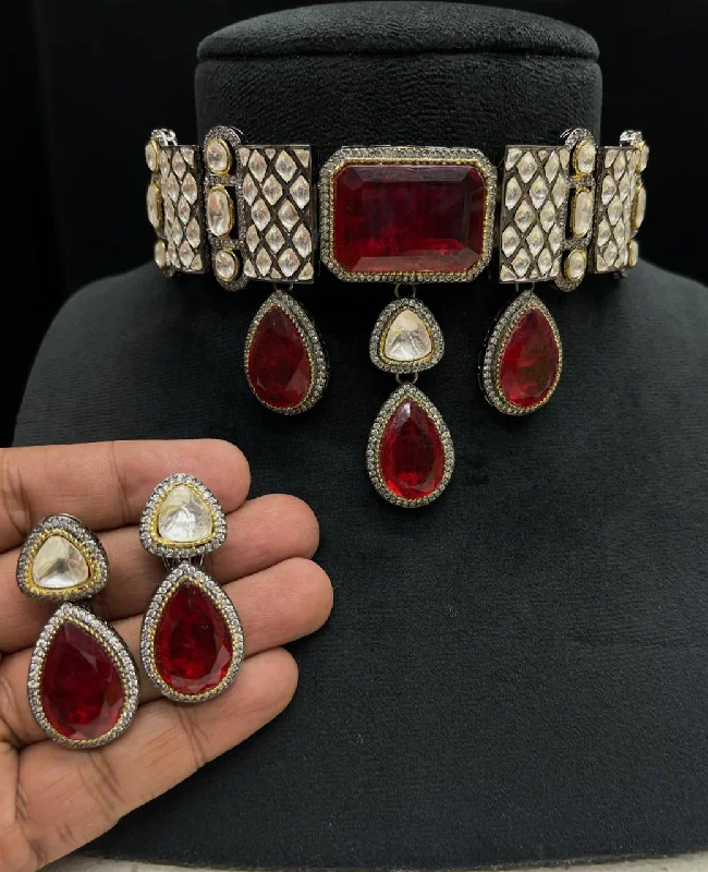 Beaded cluster earrings-Red Bollywood Teardrop Polki Choker Earrings Set, Indian Celebrity Classic Red Jewelry Set, Red Polki Choker Set, Jaipuri Red Polki Jewelry Set, Pakistani Bridal Red Choker Set