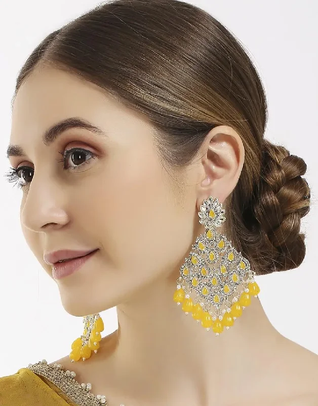 Curved hoop earrings-Yellow Austrian Stone And Beads Earrings, Indian Wedding jewellery, bridal,bollywood jewelry, prom, zirconia danglers