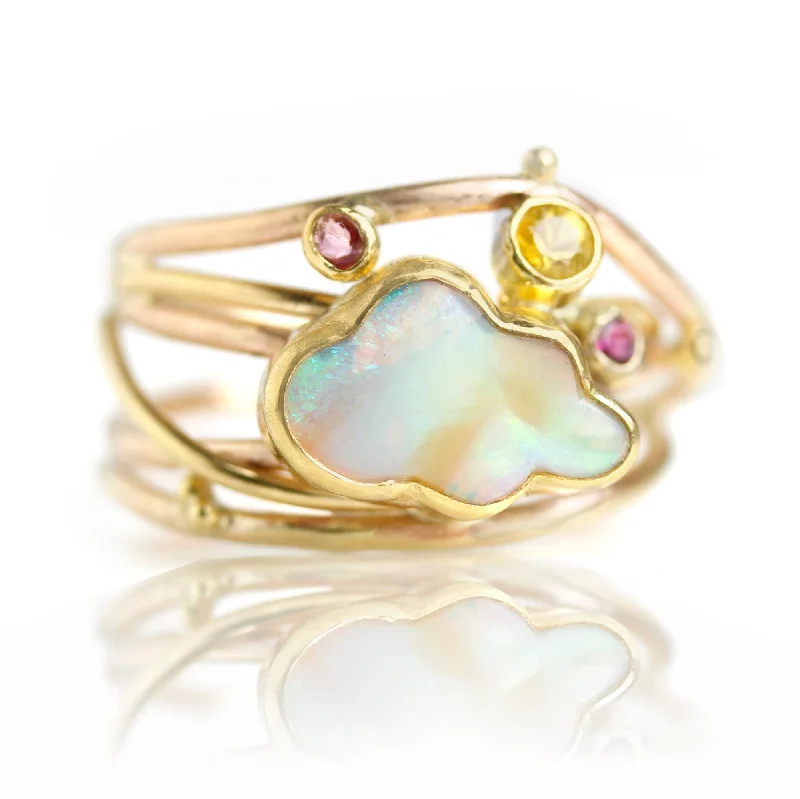 Tassel edge rings-Pastel Clouds Ring on a Mixed Gold Swirled Band. Size 7 1/2.