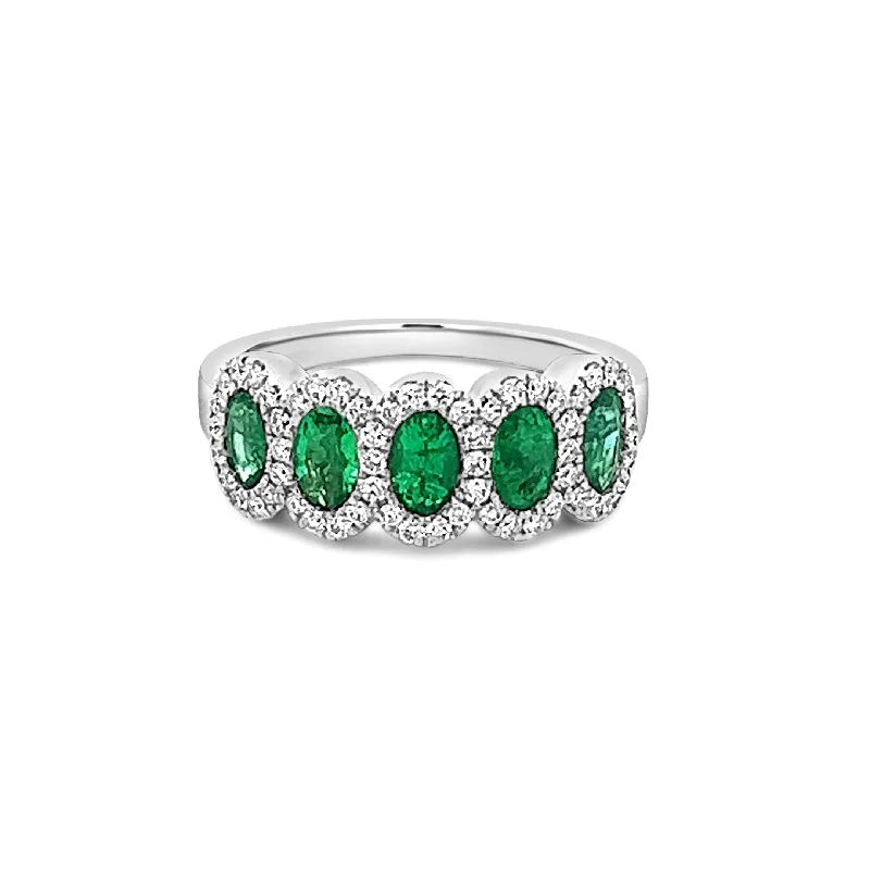 Flexible open rings-Five Stone Emerald with Diamond Halo Ring