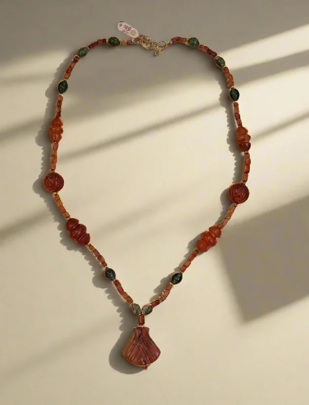 Endless knot necklaces-Necklace with Old Carnelian, Benzahir and gold 18k elements