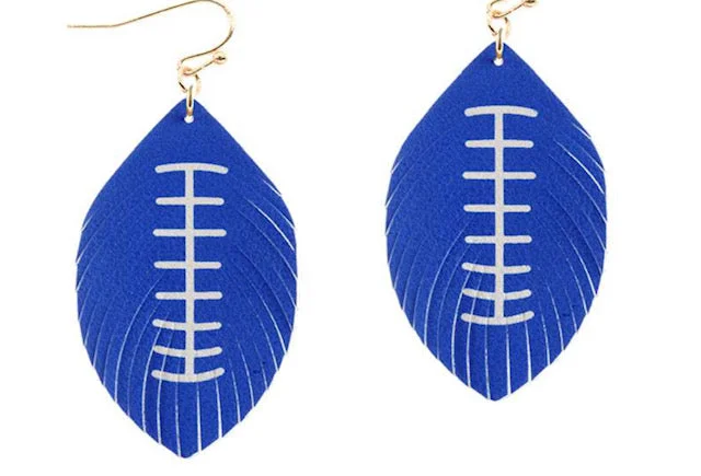 Hand-carved earrings-Feathered Football Leather Sport Earrings White and Blue