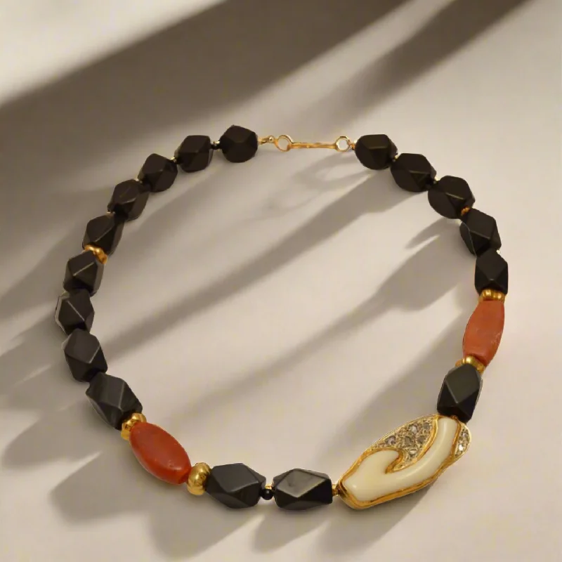 Glitter crystal necklaces-Necklace with Black Obsidian,  Carnelian, Coral with Diamonds and 18k gold elements