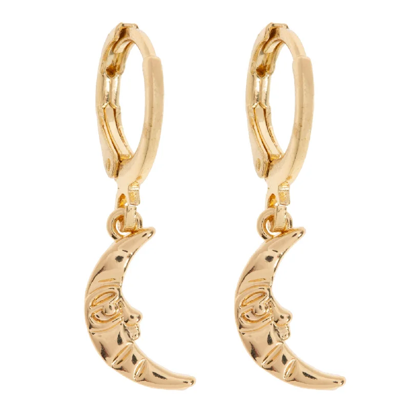 Leaf pattern earrings-Luna  - Crescent Moon with Face Hoop Earrings