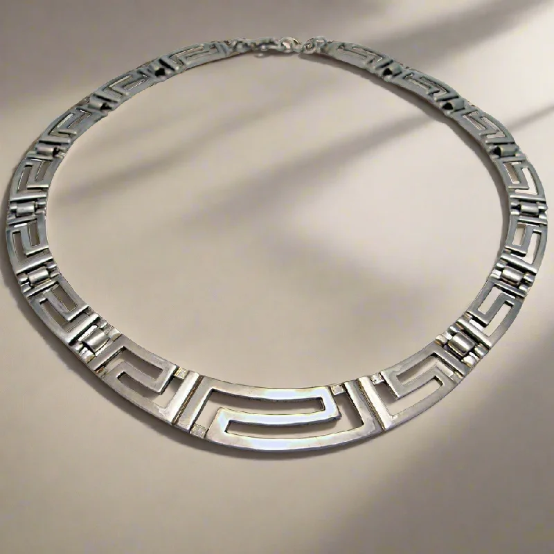 Vintage lockets necklaces-Greek Key Meander Necklace in Sterling Silver (PE-10)