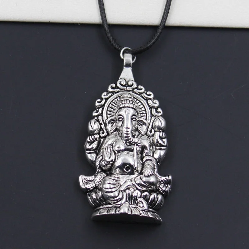 Plated gold necklaces-Ganesha Pendant Black Faux Leather Necklace