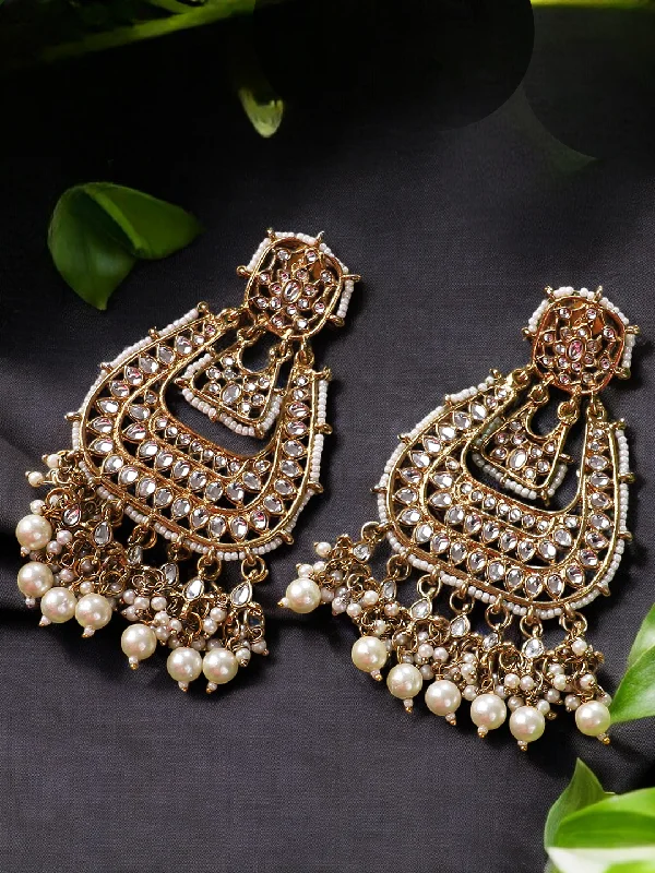 Topaz stud earrings-Gold Plated Partywear Kundan Studded Designer Drop Earrings, Indian Earrings Set