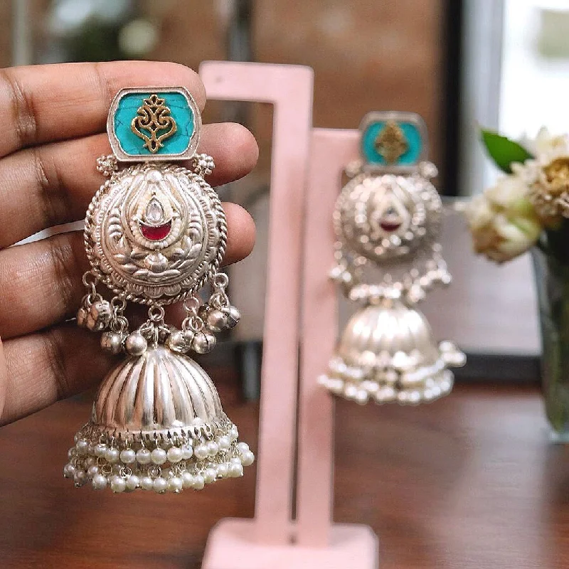 Half-moon earrings-Jaipuri Silver Plated Kundan Jhumki Earrings Set, Indian Bridal Kundan Jhumki Set, Pakistani Silver Plated Earrings Set, Bollywood Kundan Jewelry Set, Celebrity Inspired Earrings Jhumki Set