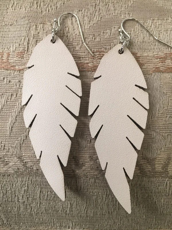 Slim threader earrings-IVORY FAUX LEATHER FEATHER EARRINGS