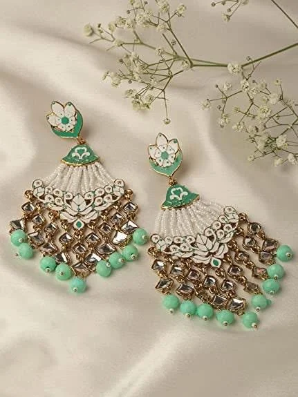 Endless loop earrings-Mint Green clear crystal pair Meenakari Earrings danglers, Pearl Jhumka, Bollywood Earrings, Pakistani Earrings, Punjabi Jewelry/Jhumkas