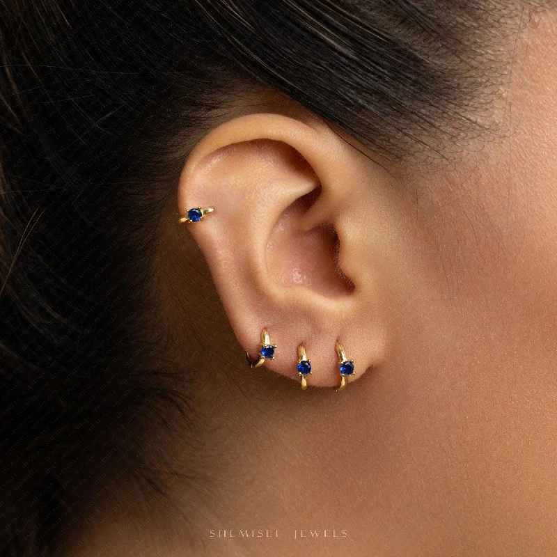 Half-moon earrings-Tiny Sapphire CZ Stone Helix Hoop Earrings, Unisex, Gold, Silver SHEMISLI SH646, SH647, SH648, SH649