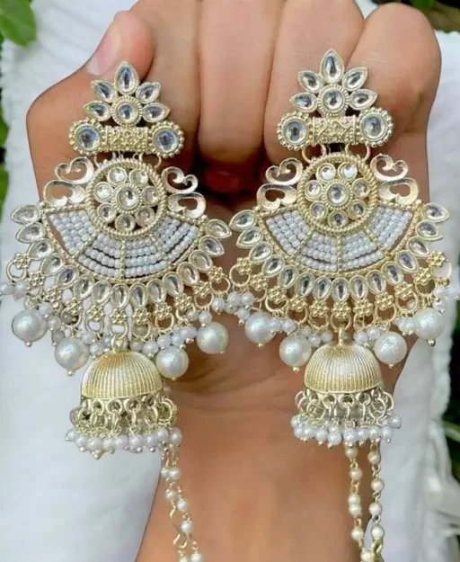 Stone cluster earrings-Indian Jhumki Earrings Pearl Kundan Jewelry Set , Pearl Beaded Jhumki Earrings, Bridal Jhumki Set, Bollywood Statement Earrings