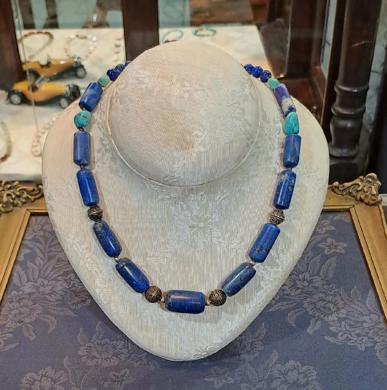 Painted enamel necklaces-Necklace with old Lapis Lazuli & old Turquoise and sterling silver elements