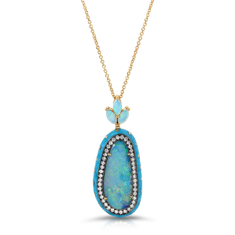 Silver layered necklaces-Opal and Enamel Pendant Necklace