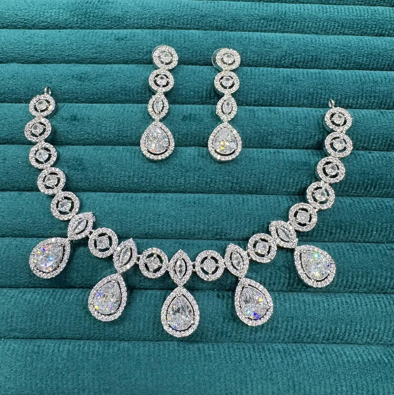 Stone-wrapped earrings-Pakistani CZ Silver Plated Wedding Necklace Earrings Set