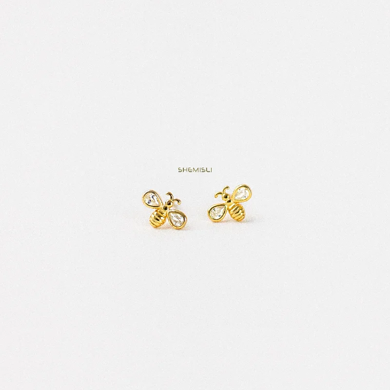 Astrology themed earrings-Bee CZ Studs Earrings, Gold, Silver SHEMISLI - SS044 Butterfly End, SS361 Screw Ball End (Type A)