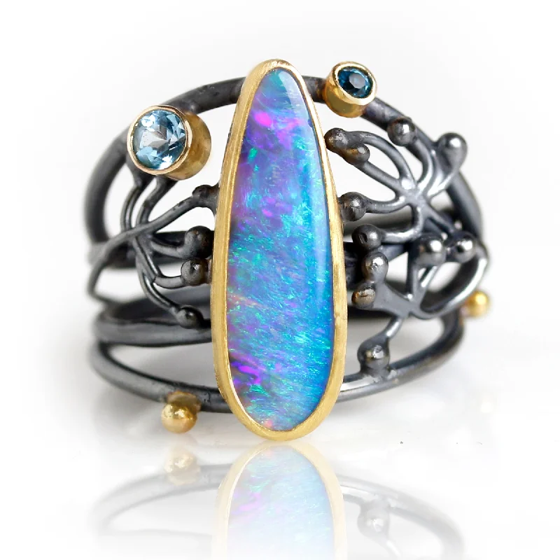 Multi-gem rings-Lavender, Blue and Green Flash Opal Tangled Vines Ring. Size 6 1/2.