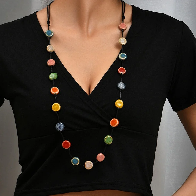 Two-tone necklaces-Ceramic Vintage Bead Long Necklace