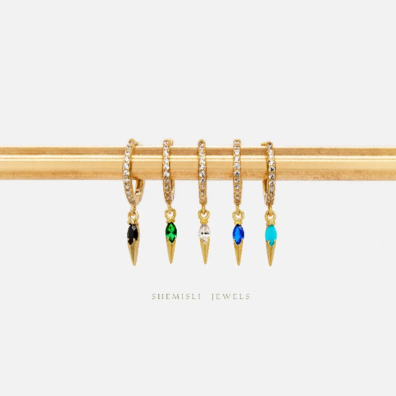 Simple stud earrings-Spike CZ Hoop Earrings, White Stone, Emerald, Turquoise, Sapphire, Black Stone, Gold, Silver SHEMISLI SH371, SH372, SH373, SH374, SH375