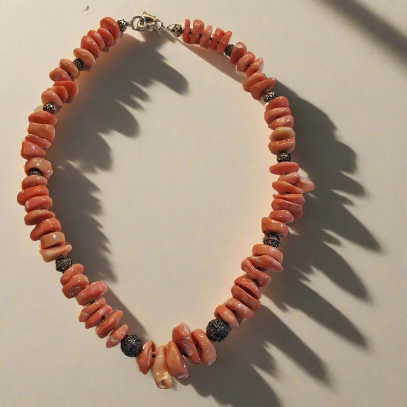 Rectangular pendant necklaces-Necklace with baroque Pink Coral Stones (Angel Skin) and Silver Elements