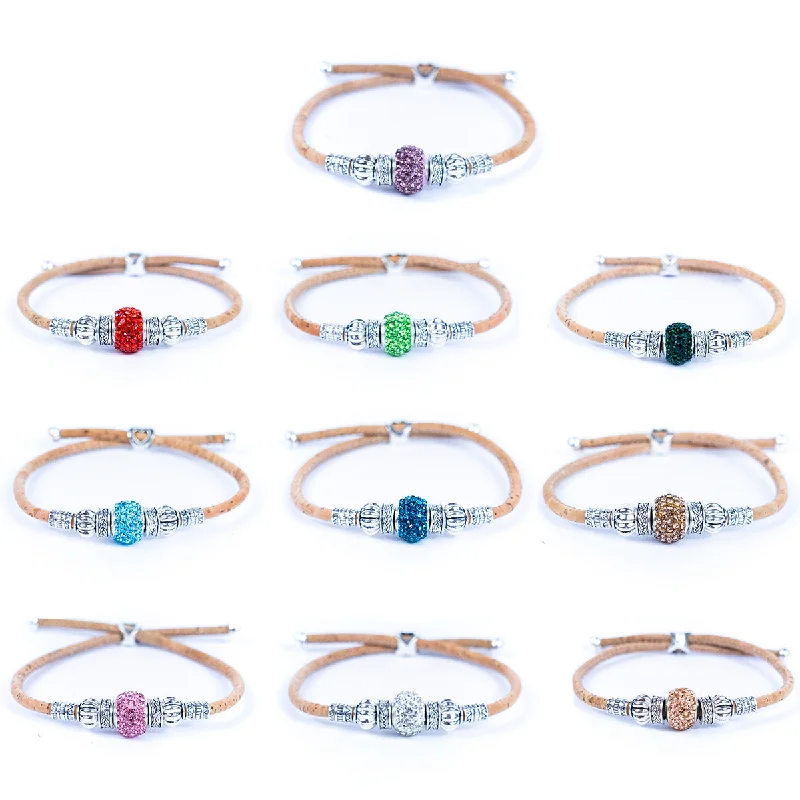 Plated silver bangles-Natural cork thread and colorful shiny beads handmade women's bracelet BR-003-MIX-10