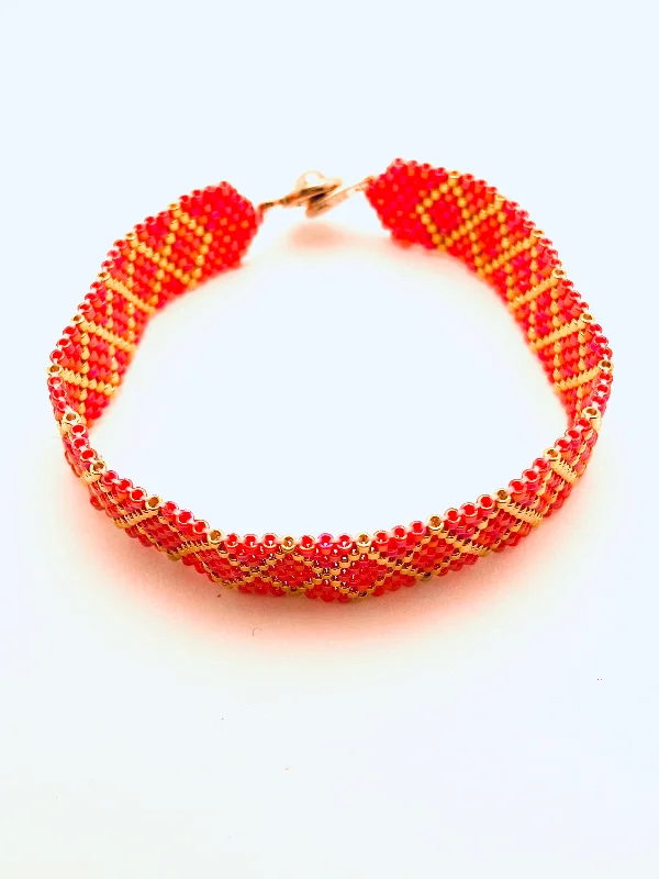 Retro cameo bangles-Beaded Diamond Bracelet, Red and Gold