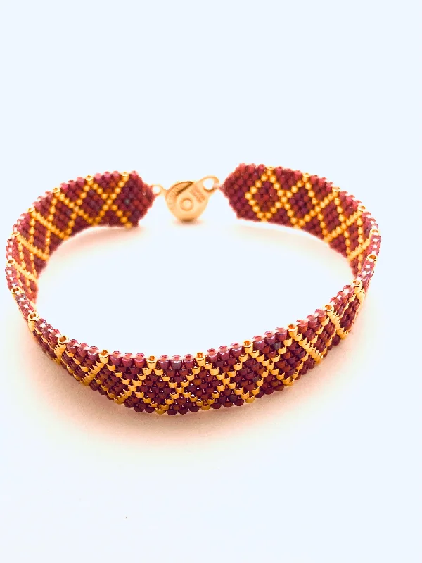 Woven cord bracelets-Beaded Diamond Bracelet, Pink and Gold