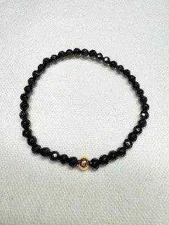 Wide chain bracelets-Black Onyx Faceted Bracelet with Gold Filled Bead