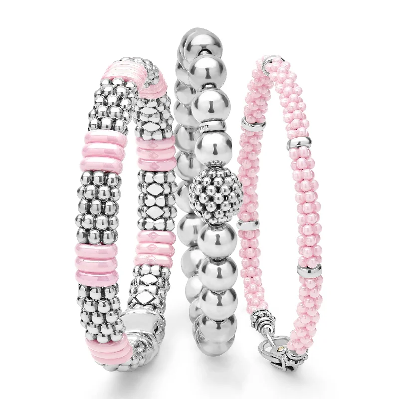 Ethnic bead bangles-Pink Caviar Pink Ceramic and Sterling Silver Caviar Beaded Bracelet Gift Set