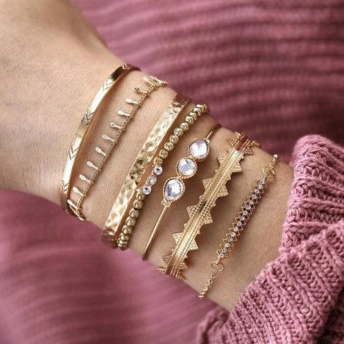 Beaded cluster bracelets-Set Of 7 Golden Boho Bracelets