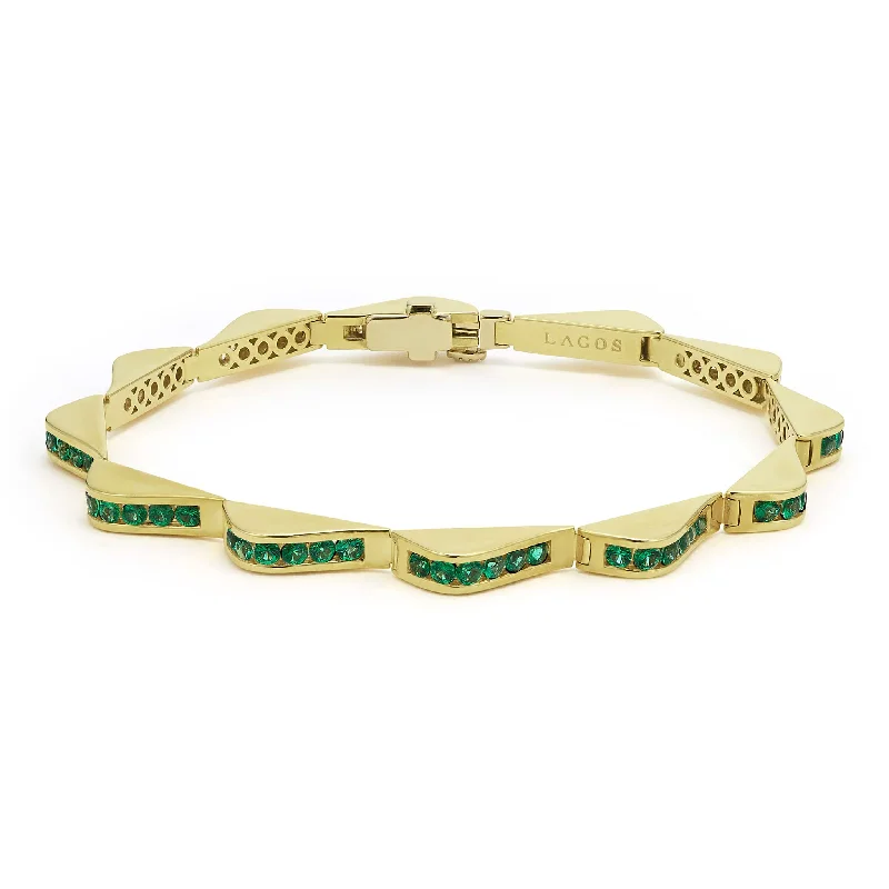 Satin finish bracelets-Studio 18K Gold Emerald Link Wave Bracelet