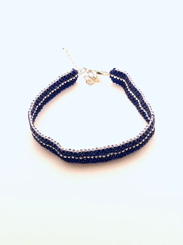 Frosted bead bracelets-Beaded Stripe Bracelet, Dark Blue and Silver