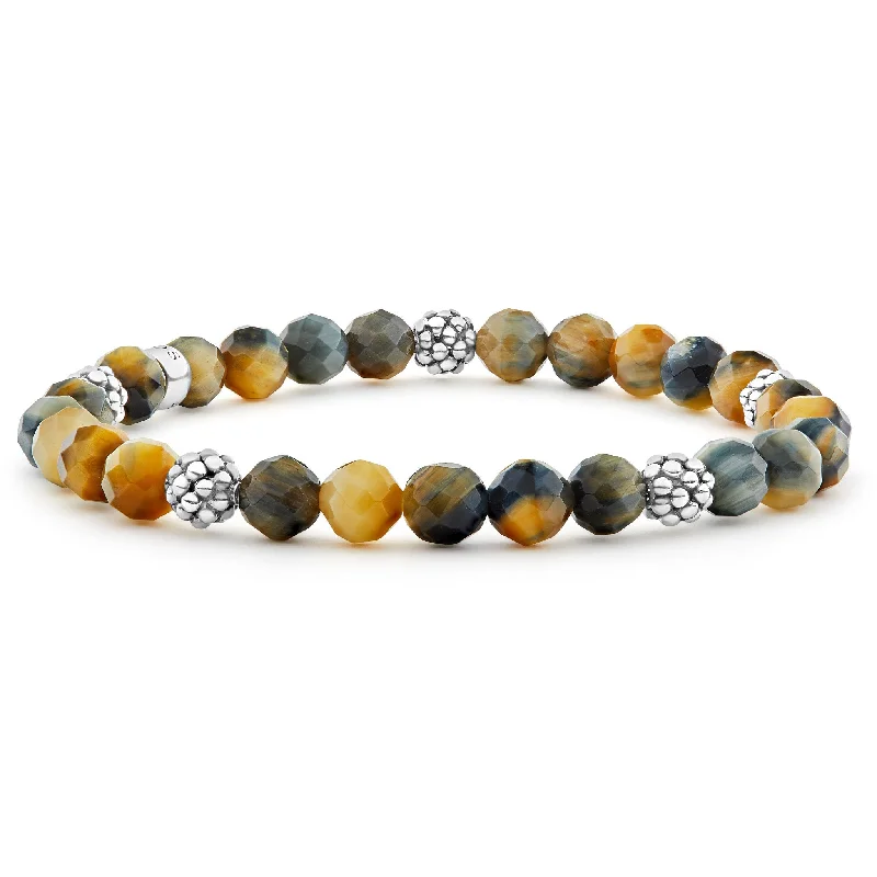 Glimmering druzy bangles-Signature Caviar Five Station Silver Tiger Eye Bead Bracelet