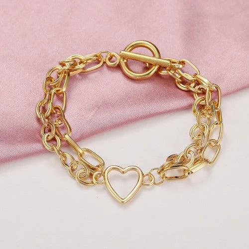 Curled wire bangles-Gold Plated Heart Chain Bracelet