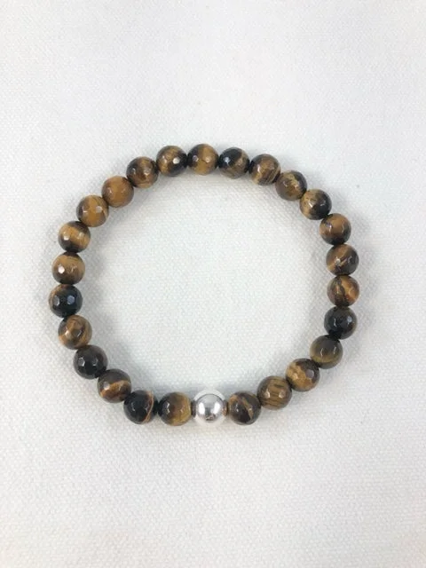 Flower carved bracelets-Men's Bracelet, Tiger's Eye with Sterling Silver Bead