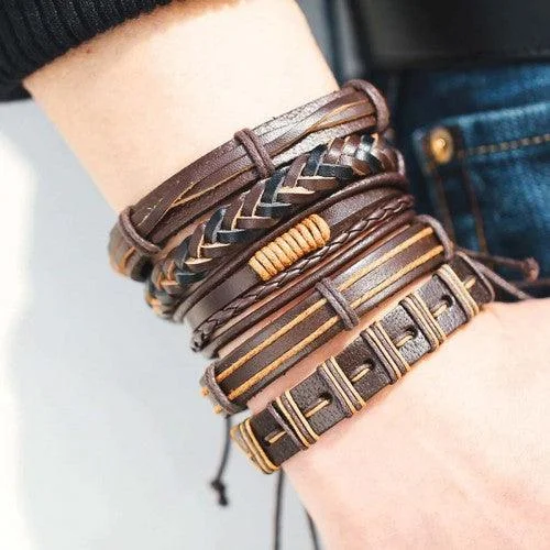 Two-tone bracelets-Multi Layered Brown Lather Bracelet