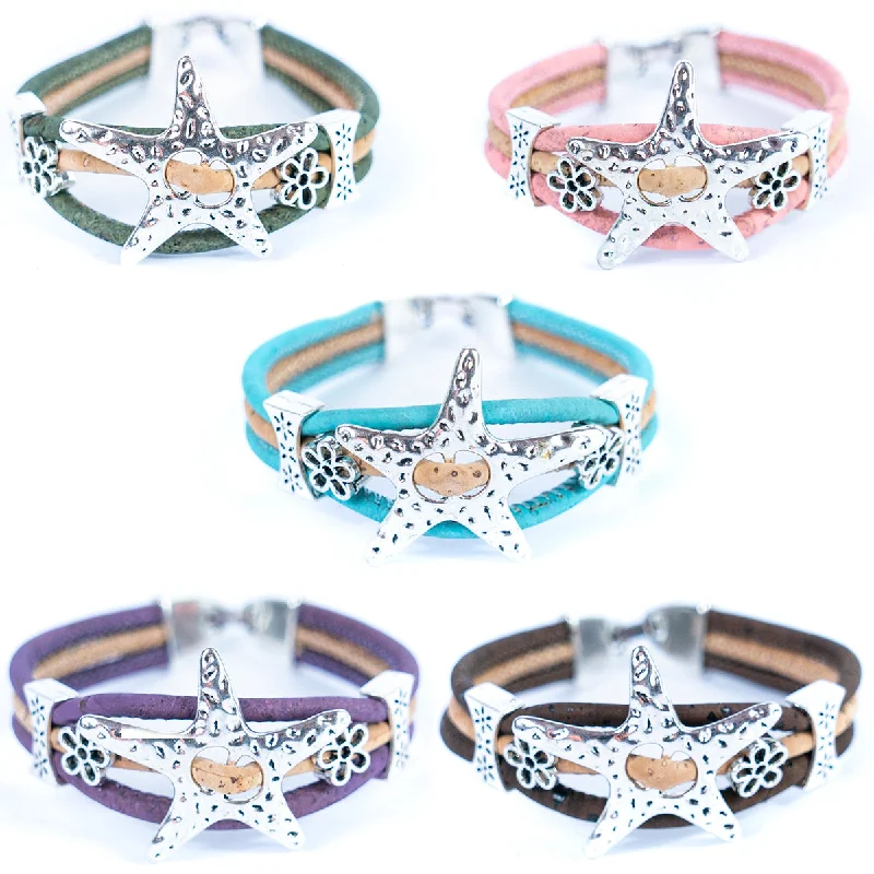 Wide stone bracelets-3MM round cork wire and alloy hardware starfish and flowers handmade fashion ladies braceletBR-453-MIX-5