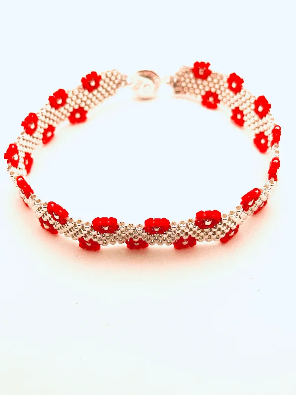 Agate stone bracelets-Beaded Flower Edge Bracelet, Red and Silver