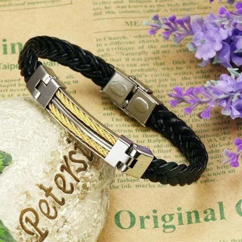 Ethnic weave bangles-Stainless Steel Wrap Cuff Clasp Black Leather Bracelet