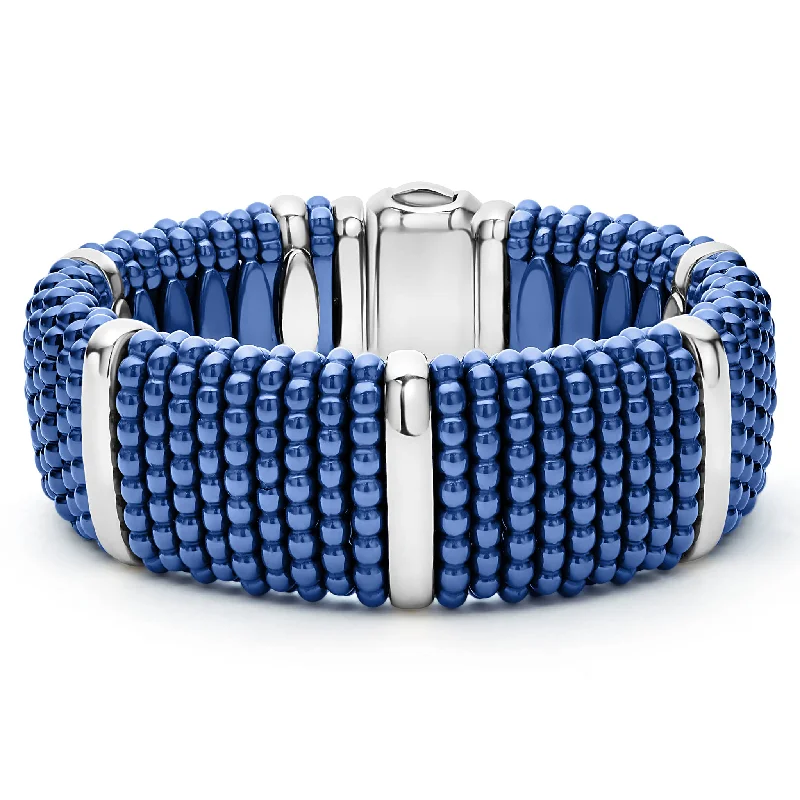 Retro deco bangles-Blue Caviar Ultramarine Silver Station Statement Ceramic Caviar Bracelet | 23mm