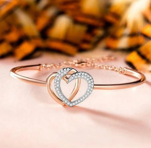 Triangular design bangles-Rose Golden Plated American Diamond Heart Bracelet