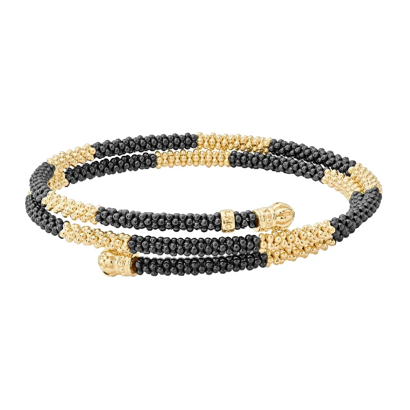 Mid-century bracelets-Black Caviar 18K Gold Large Station Ceramic Wrap Bracelet | 3mm