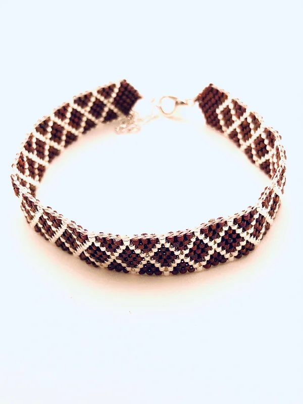 Large geometric bracelets-Beaded Diamond Bracelet, Bronze and Silver