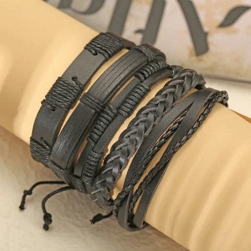 Threaded lace bangles-Multi Layered Black Lather Bracelet