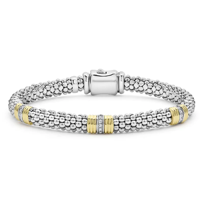 Dual-tone bracelets-Signature Caviar Triple Diamond Station Caviar Bracelet | 6mm